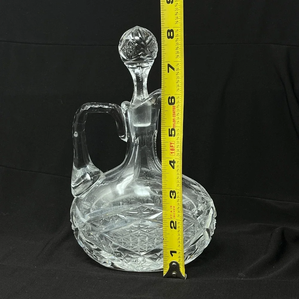 Vintage Cut Glass Handled Cruet‎ Decanter with Stopper Starburst Diamond Pattern
